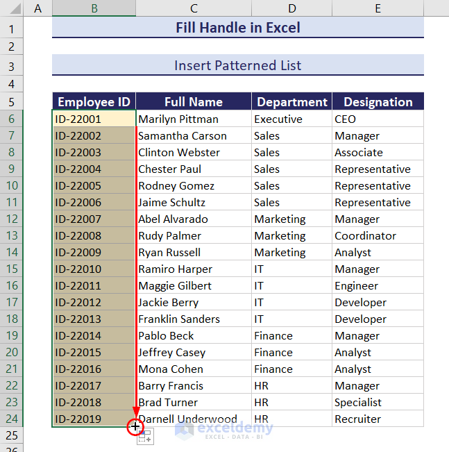 Fill handle for patterned list