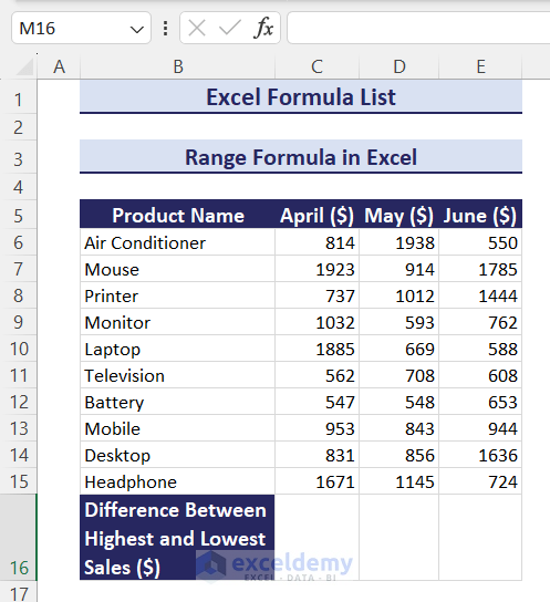 Dataset to use range formula in Excel