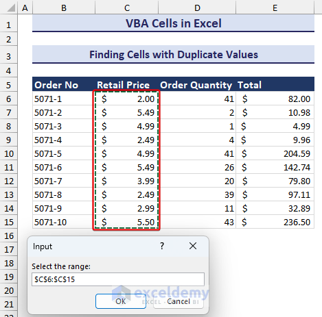 Selecting cell range for finding duplicate cells