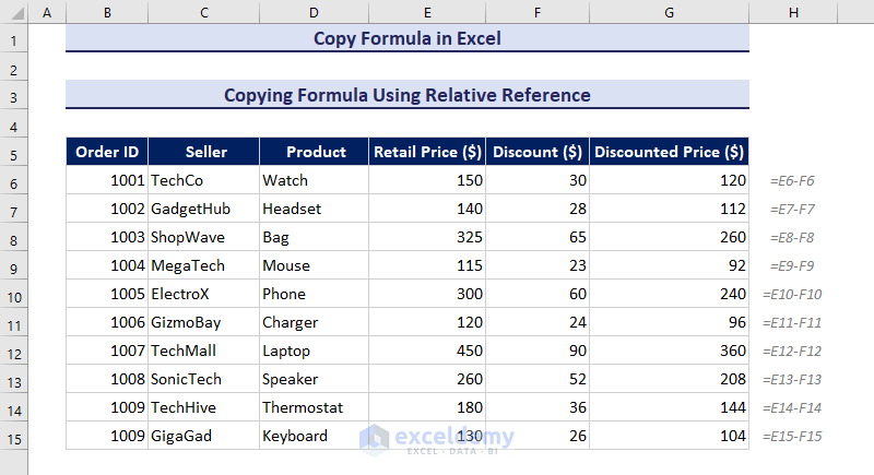 Copy formula using relative reference in Excel