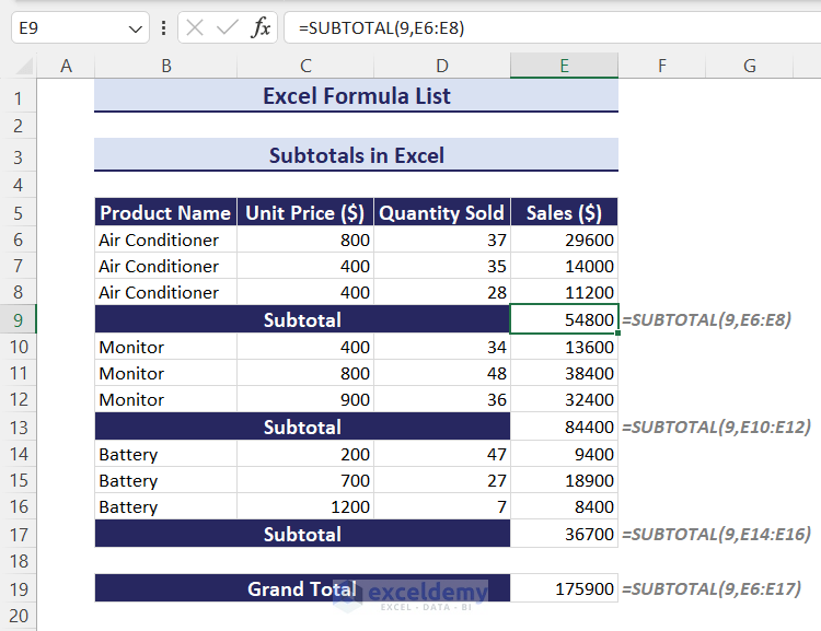Using SUBTOTAL formulas in Excel