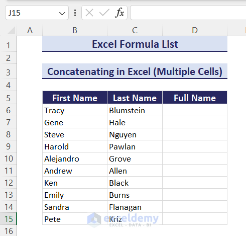 Dataset to concatenate multiple cells in Excel using formula