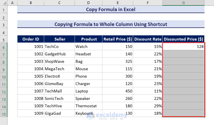 Selecting the cells to copy formula in Excel