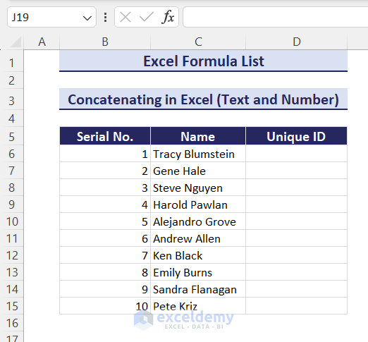 Dataset to combine text and number in Excel using formula
