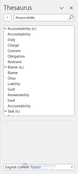 Thesaurus task pane