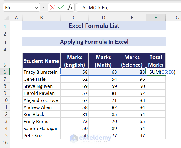 Inserting SUM function as a formula in Excel