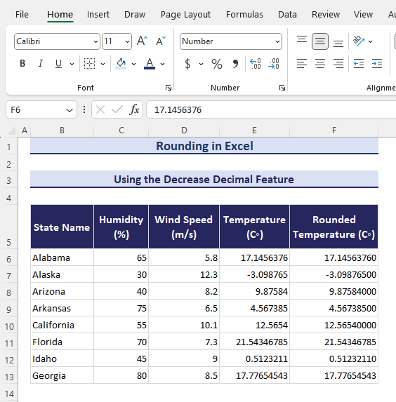 Final output after using decreasing decimal for rounding in Excel