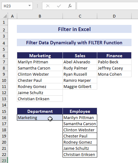 Filter data dynamically by choosing from dropdown list