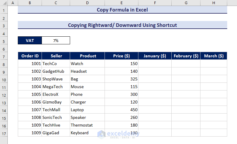 Dataset of copy formula rightward downward in Excel