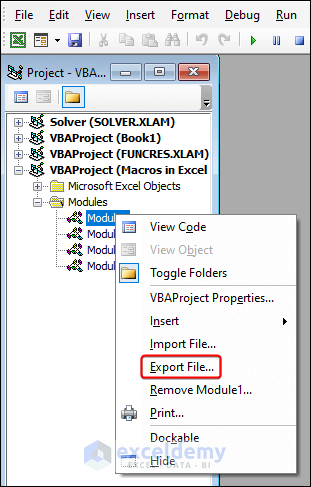 Right-clicking Module1 to export macros using Export File command