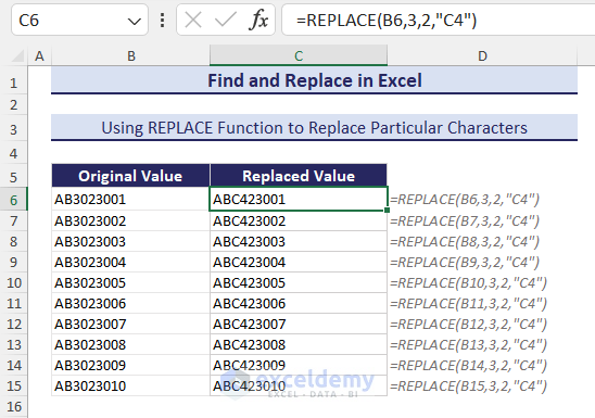 Using REPLACE Function to Find and Replace Particular Characters