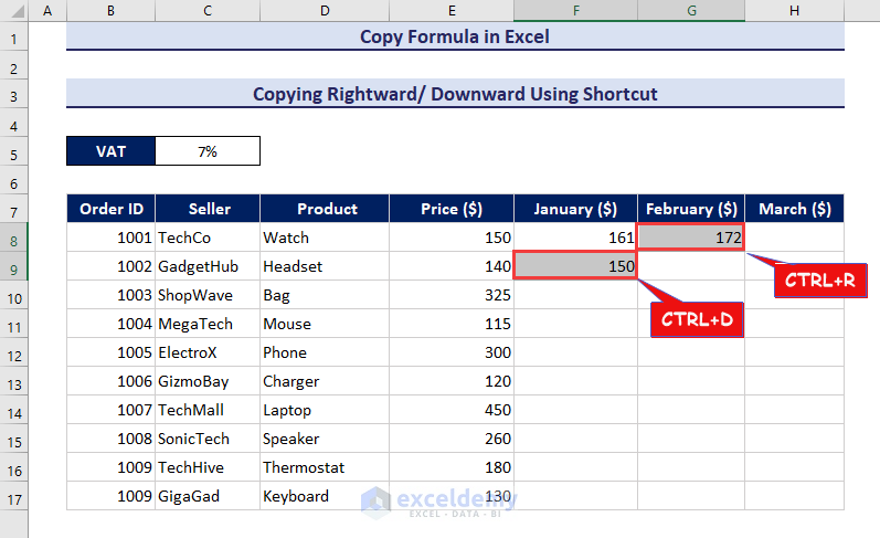 Pressing shortcut to copy formula rightward downward in Excel