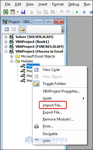 Right-clicking Module1 to import macros with Import File button