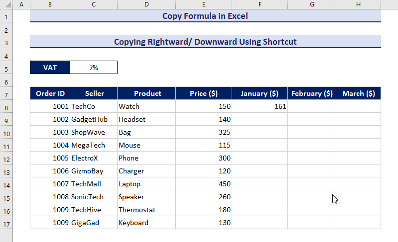 Copying formula rightward and downward in Excel