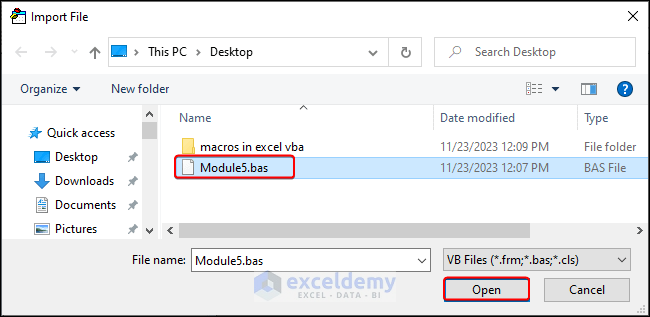 Selecting Module5.bas and opening to import macros in Excel VBA