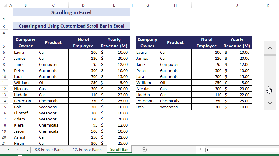 Using a Customized Scroll Bar to scroll vertically in Excel