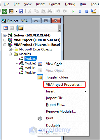 Using VBAProject Properties command to lock macros in Excel VBA