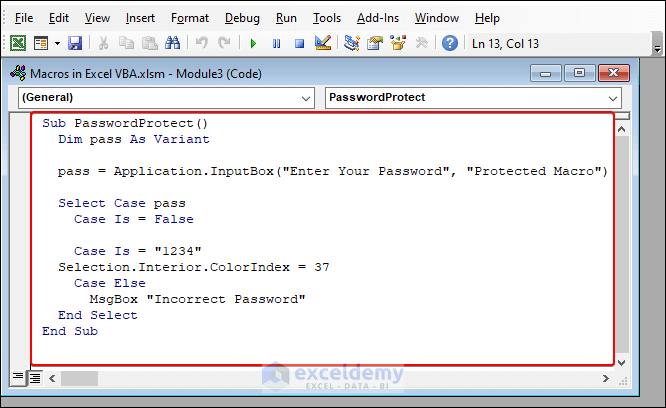 Entering VBA code line to protect macros with Password in worksheet