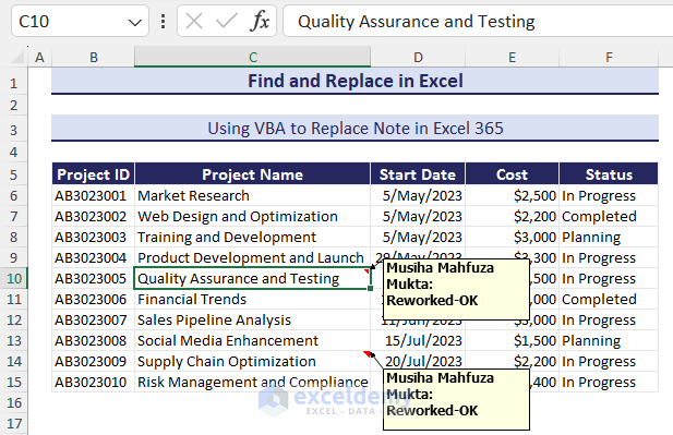 Find and Replace Notes in Excel 365 with VBA