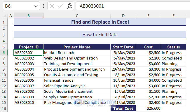 Dataset for finding data in Excel