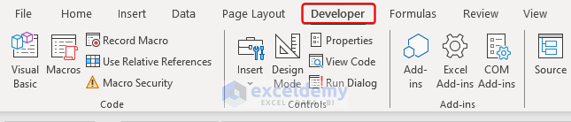 Developer tab appears to access macros in Excel VBA