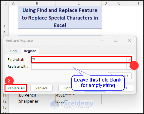 Replacing special character with empty string using Find and Replace