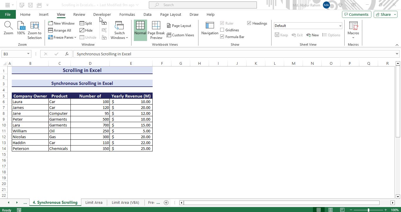Synchronous Scrolling in Excel