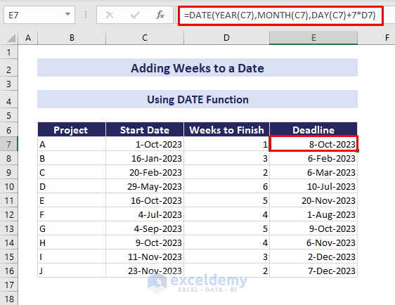 date function to add weeks to a date in excel