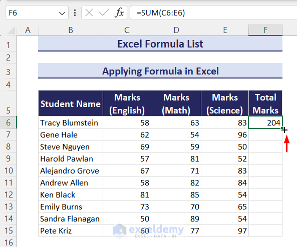 Using Fill Handle tool to apply the same formula in all cells in Excel