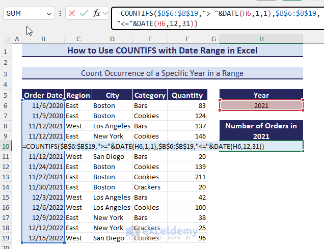 formula of Using COUNITFS to Count Occurrence of a Specific Year