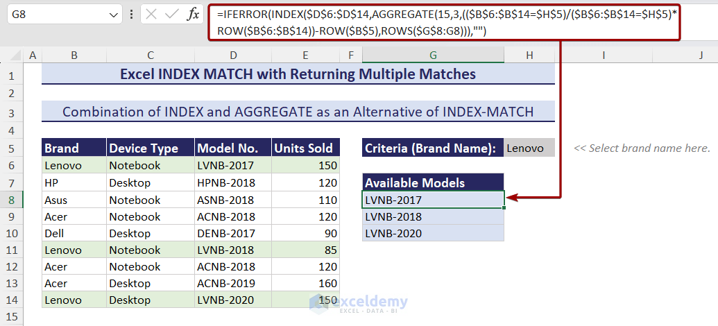 Formula based on the combination of INDEX and AGGREGATE functions to get multiple matches
