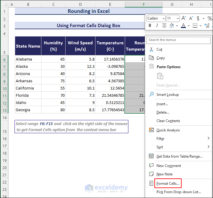 Selecting format cells for rounding in Excel