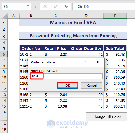 Entering password to unprotect macro in Excel VBA