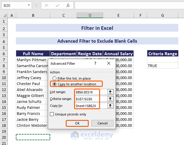 Advanced Filter dialog box to exclude blank cells