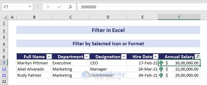 Annual Salary column filtered with green arrow