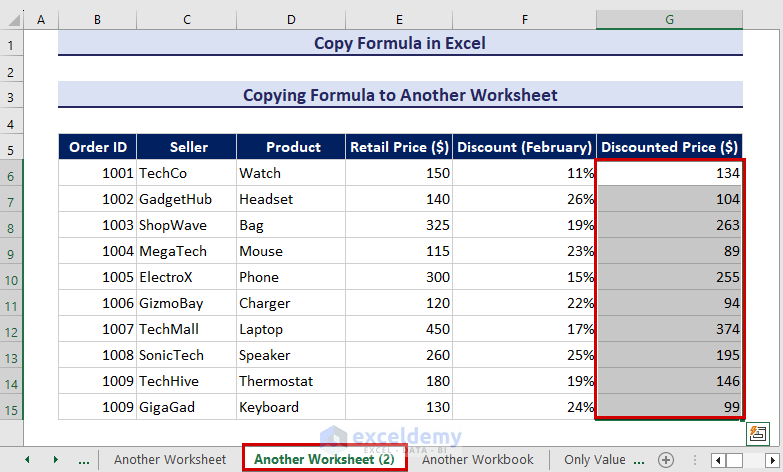 Copy formula to another worksheet in Excel