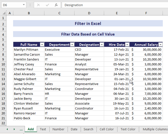 Filter data based on cell value