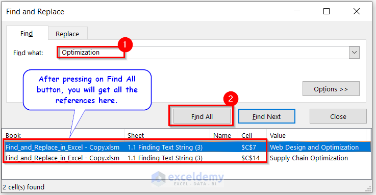 Find Text String in Active Excel Sheet