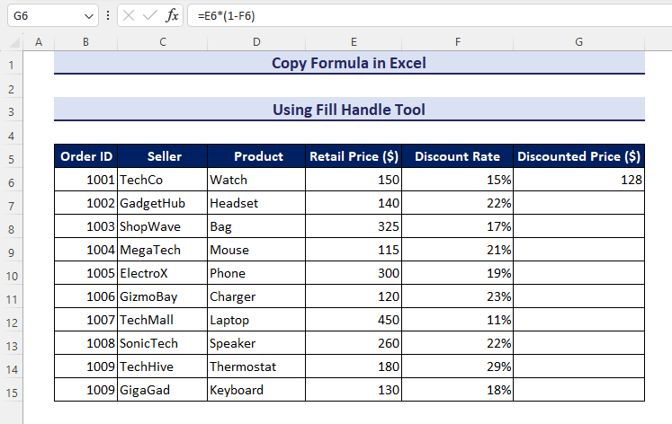 Using the fill handle tool to copy formula in Excel