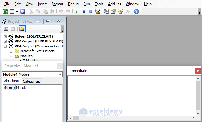 VIsual Basic Editor interface for macros in Excel VBA