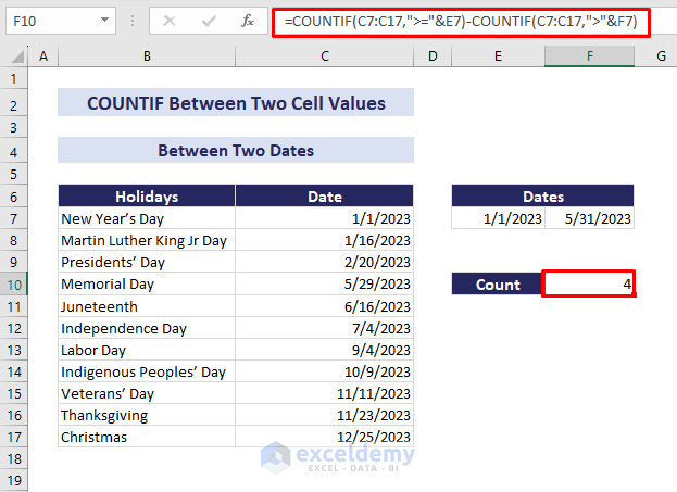 countif between two cell values containing dates