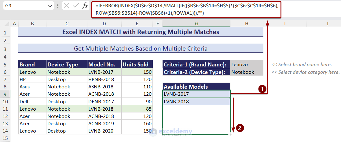 Insert formula with INDEX MATCH to get multiple matches with multiple criteria