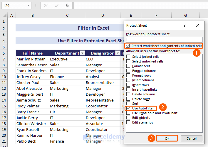 Mark Use AutoFilter in Protect Sheet dialog box