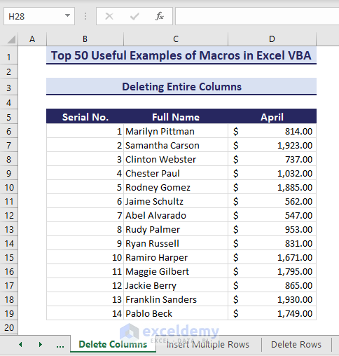 Column E is deleted using macros in Excel VBA