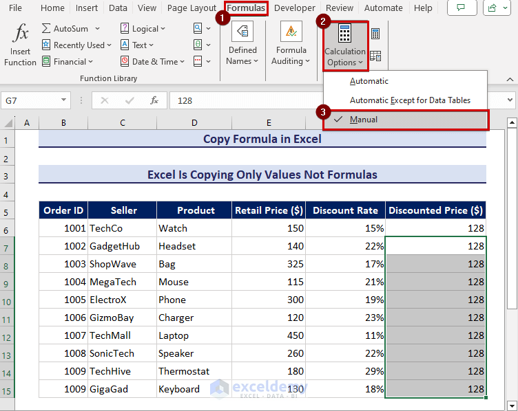 Calculation Option is manual in Formulas tab