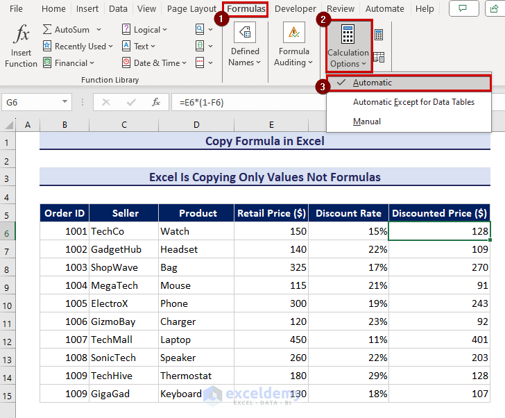 Changing calculation option to automatic in Formulas tab