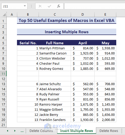 Rows added using macros in Excel VBA