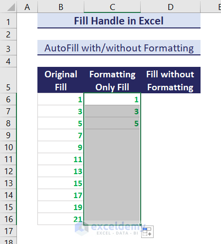 Filling formatting only using fill handle