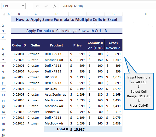 Apply Formula to Cells Along a Row with Ctrl + R