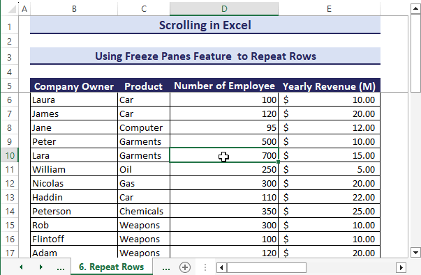 Repeat Rows When Scrolling in Excel
